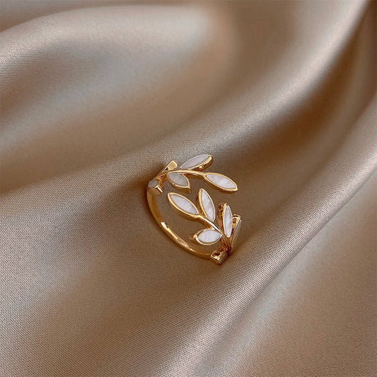 Pure - White Opal Leaf Adjustable Ring