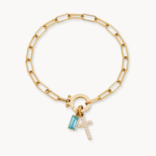 Paperclip Birthstone Cross Charm Bracelet